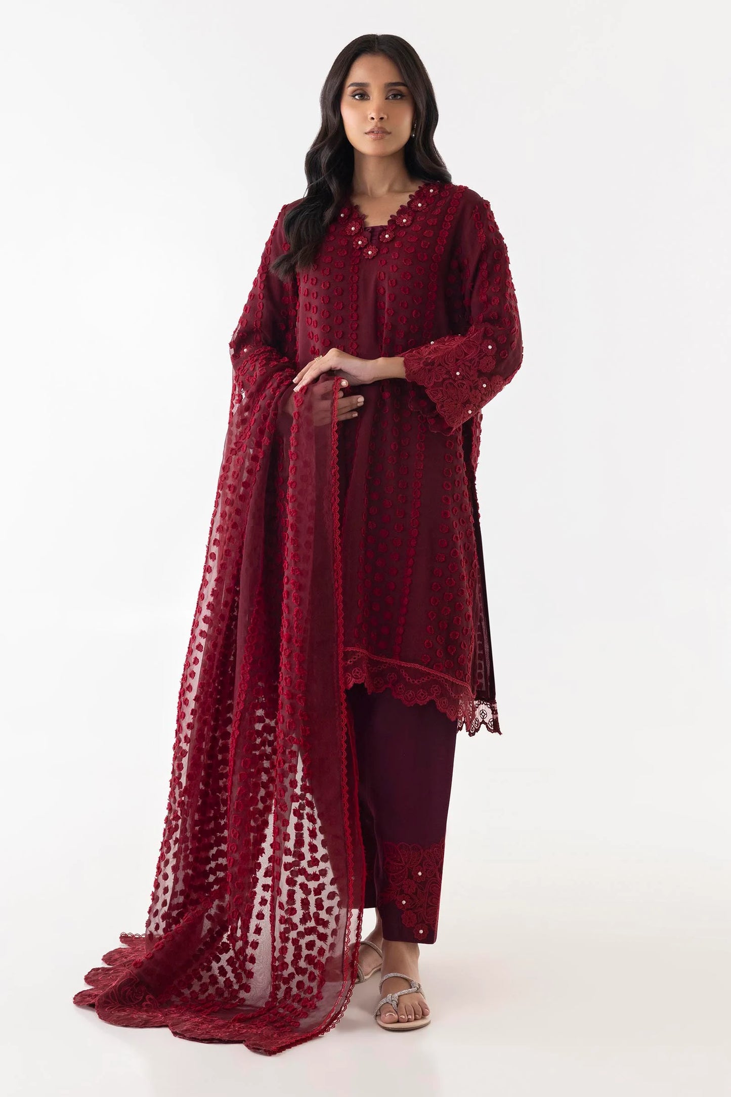 Sana Safinaz- Maroon Embroidered Shirt + Shalwar + Dupatta