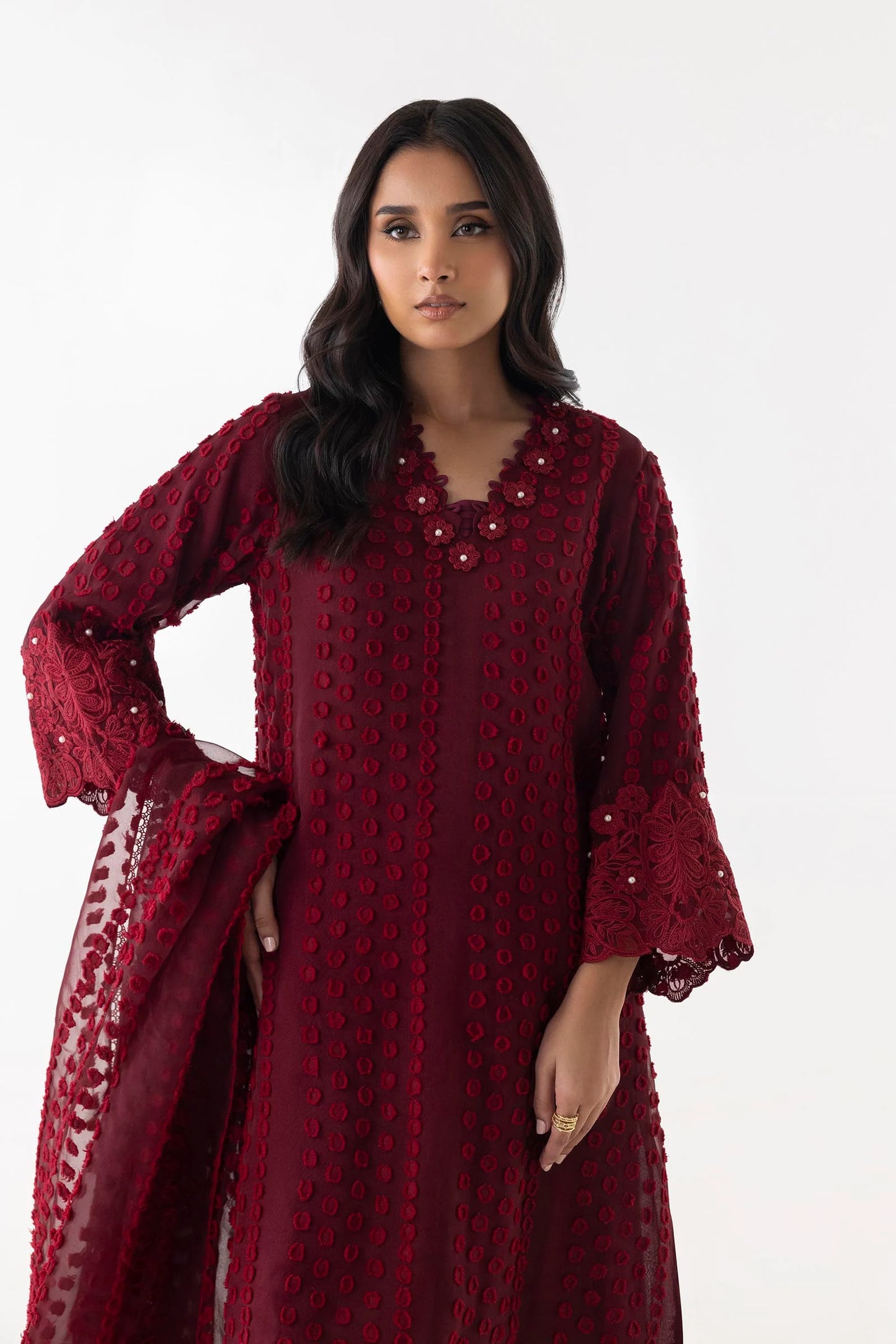 Sana Safinaz- Maroon Embroidered Shirt + Shalwar + Dupatta