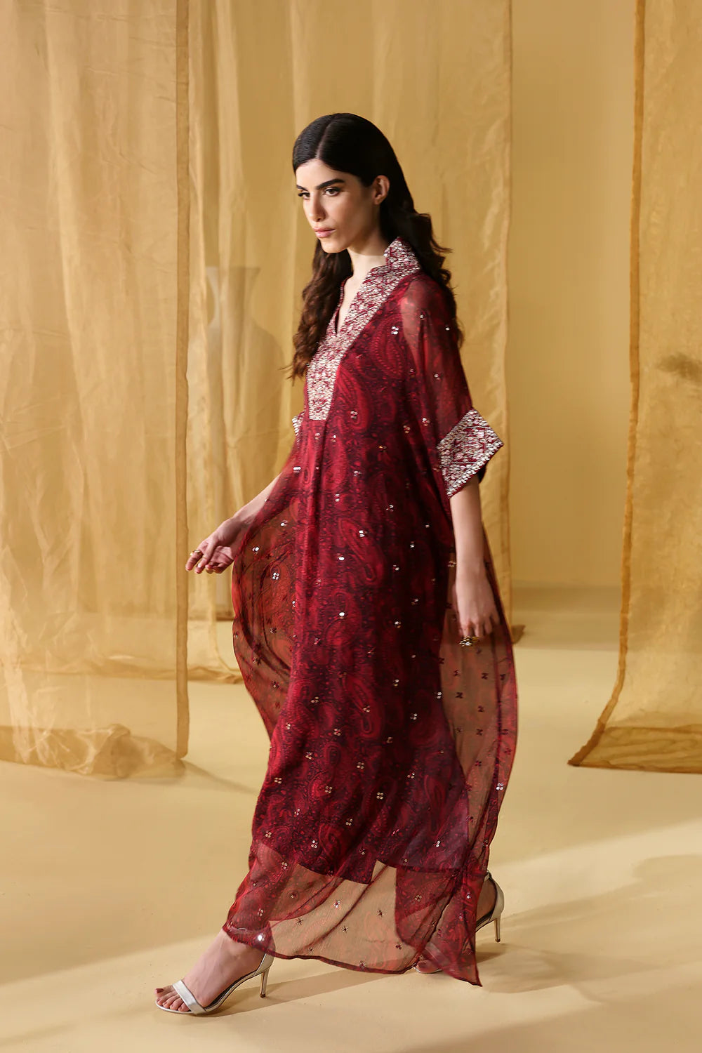 Ethnc- Maroon Embroidered Kaftan