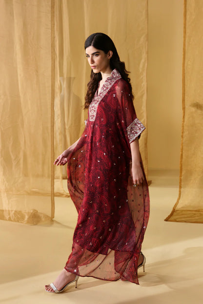 Ethnc- Maroon Embroidered Kaftan