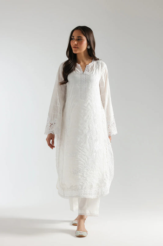 Ethnc- White Floral Embroidered 2 Pc Suit