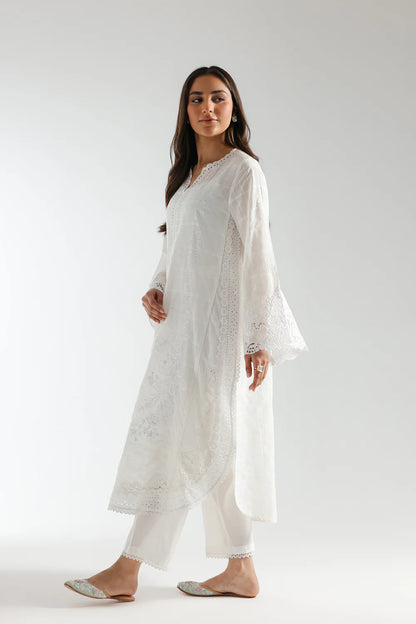 Ethnc- White Floral Embroidered 2 Pc Suit