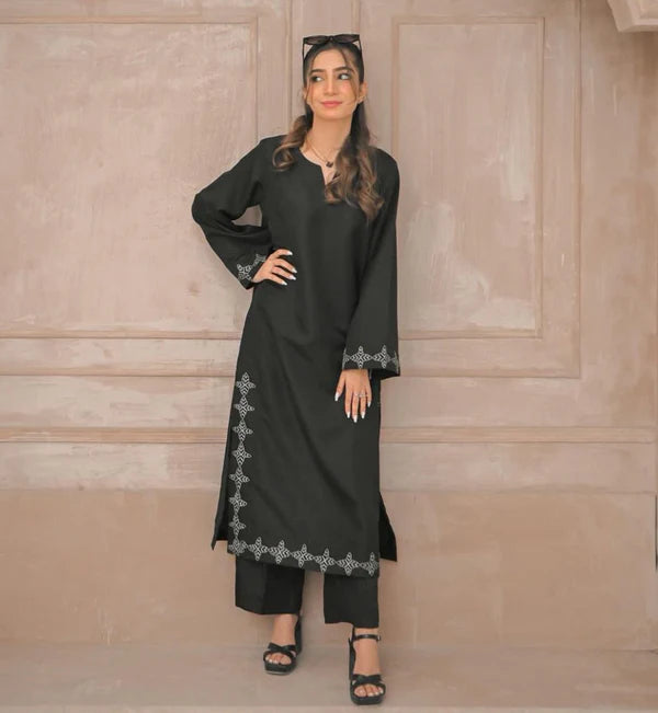 Zauk- Smoky Black Embroidered Two Piece Dress
