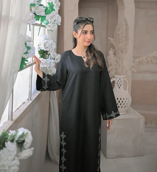 Zauk- Smoky Black Embroidered Two Piece Dress