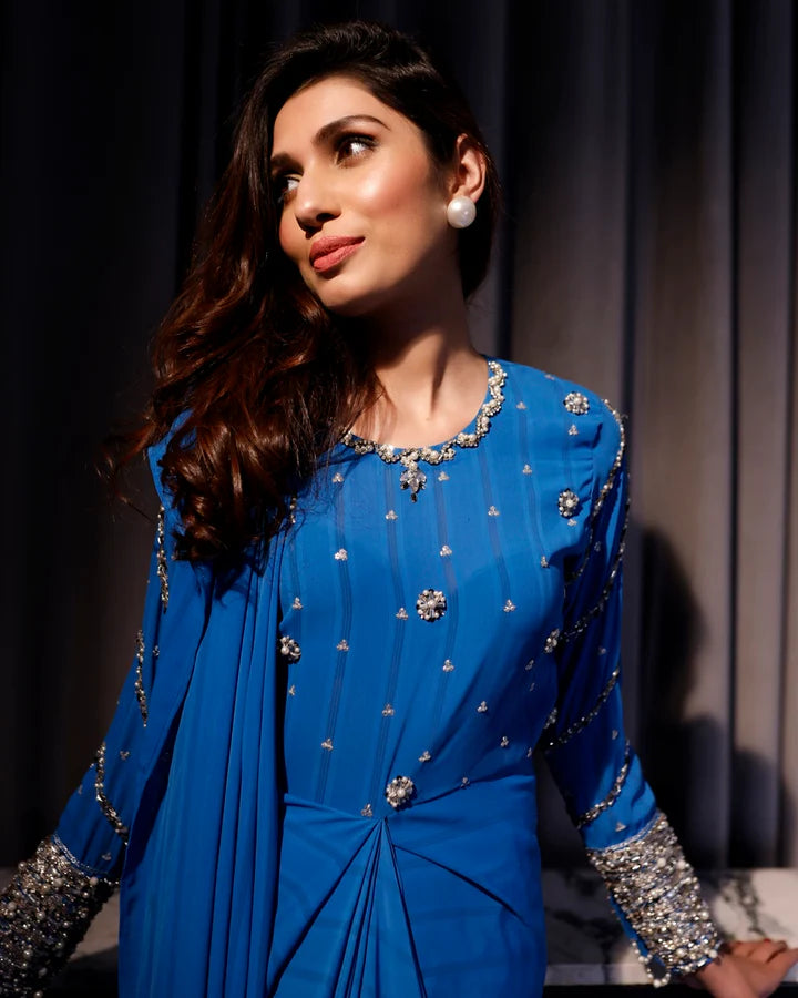 Jannat Tahir-  Cobalt blue saree pants