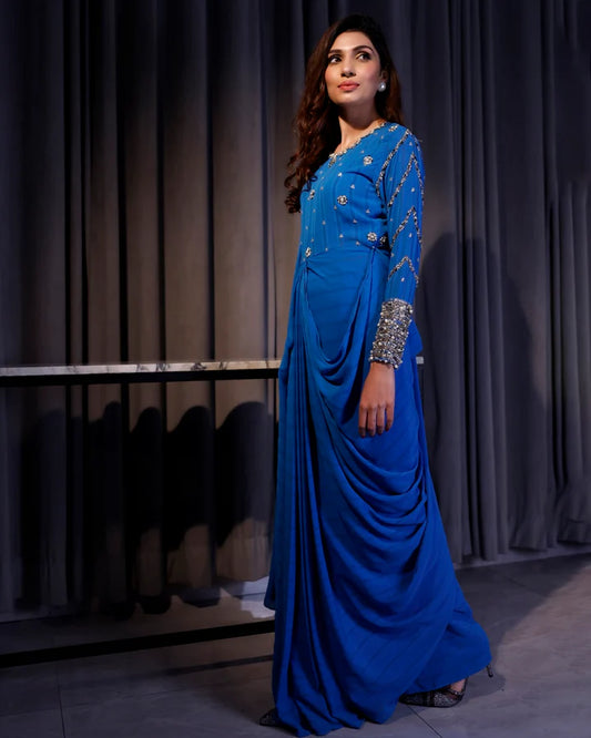 Jannat Tahir-  Cobalt blue saree pants