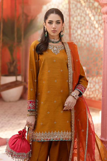 Maria. B- 3 Piece Embroidered Raw Silk Suit