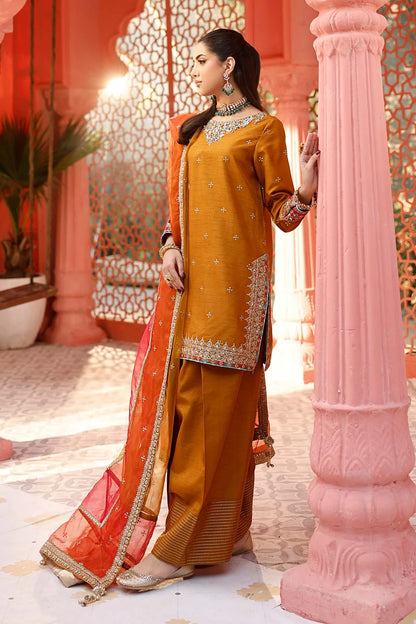 Maria. B- 3 Piece Embroidered Raw Silk Suit