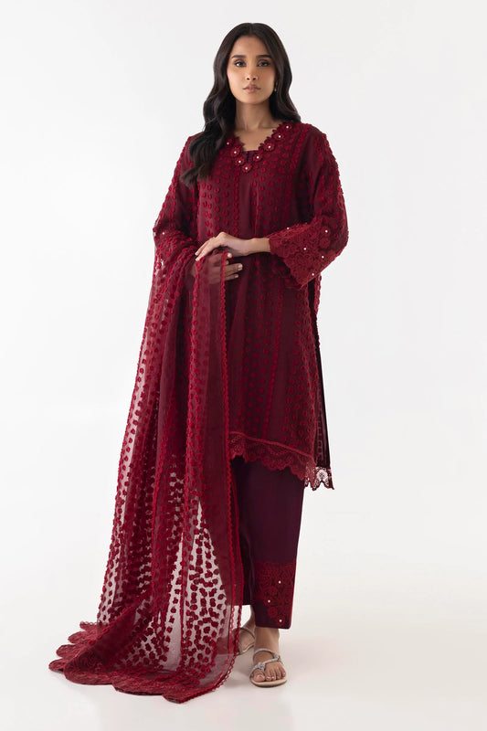 Sana Safinaz- Maroon Embroidered Shirt + Shalwar + Dupatta